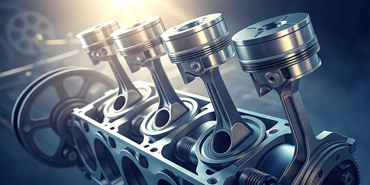 High-performance STI forged pistons installed inside an engine block.