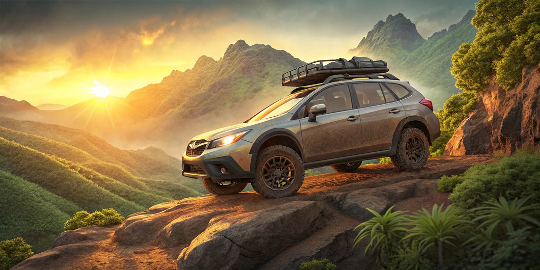A modified Subaru Crosstrek with a lift kit and offroad tires on a rocky trail.