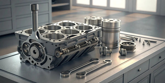 WRX engine rebuild kit components including an engine block, pistons, camshafts, and tools.