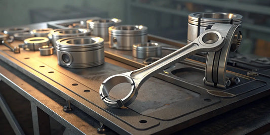 Forged pistons and connecting rods for a Subaru STI high-performance engine build.