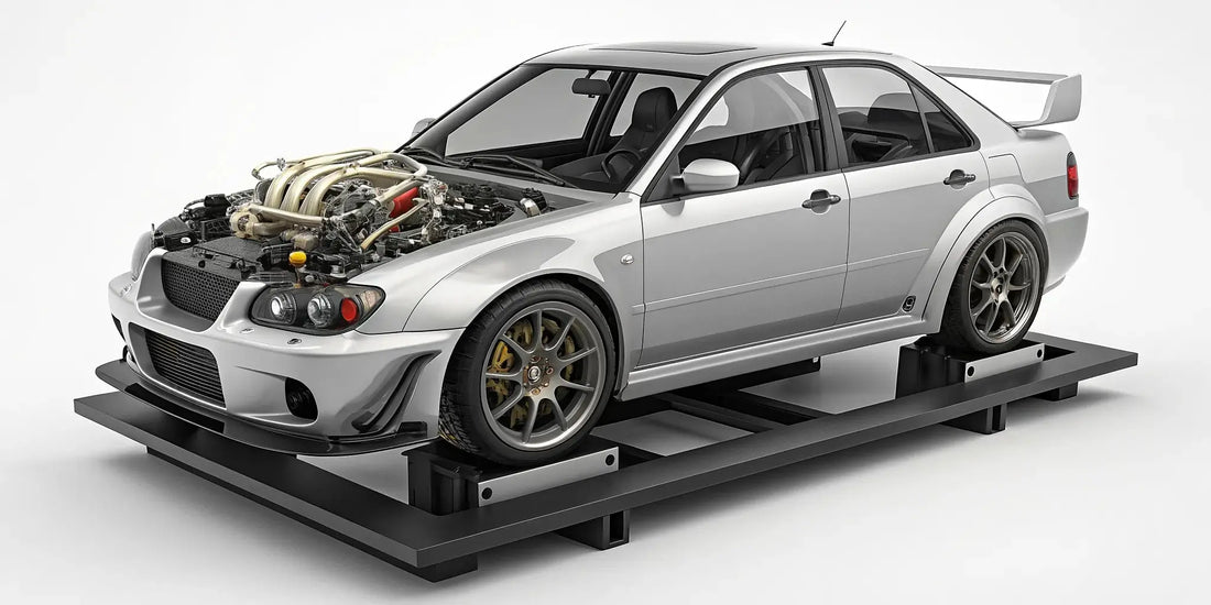 A built WRX STI engine with a large turbo, ready for a drag racing setup.