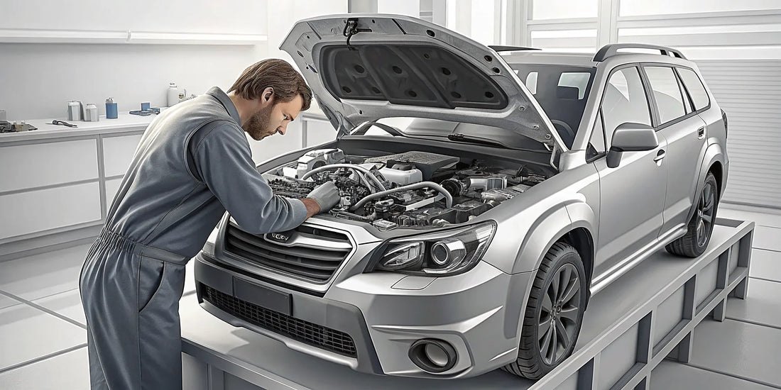 Mechanic inspecting a newly built Subaru boxer engine