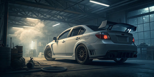White WRX with a large rear wing and catback exhaust, a choice in the catback vs axleback debate.
