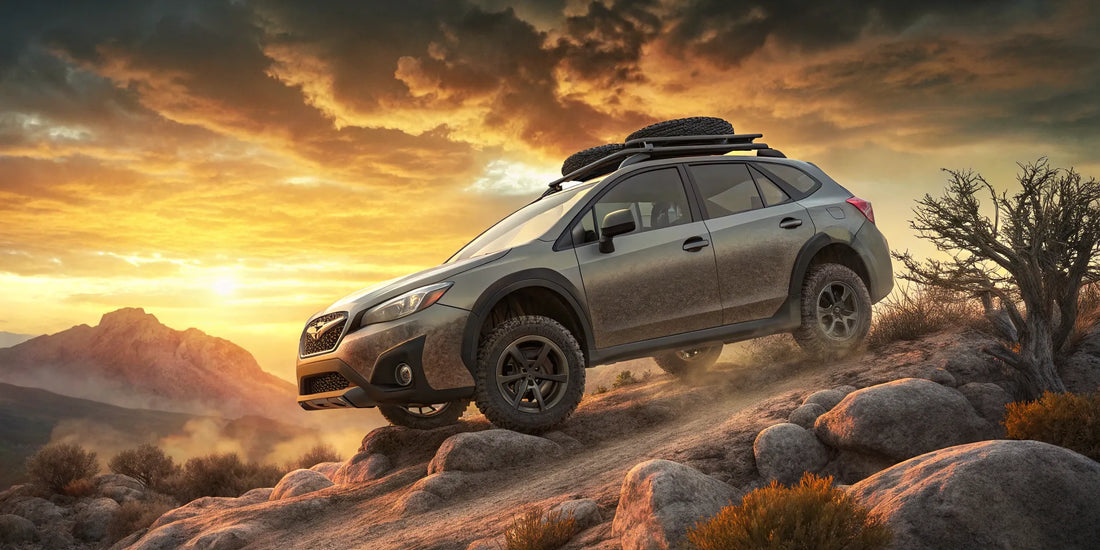 A Subaru Crosstrek's rock sliders protecting the vehicle on a rocky off-road trail.