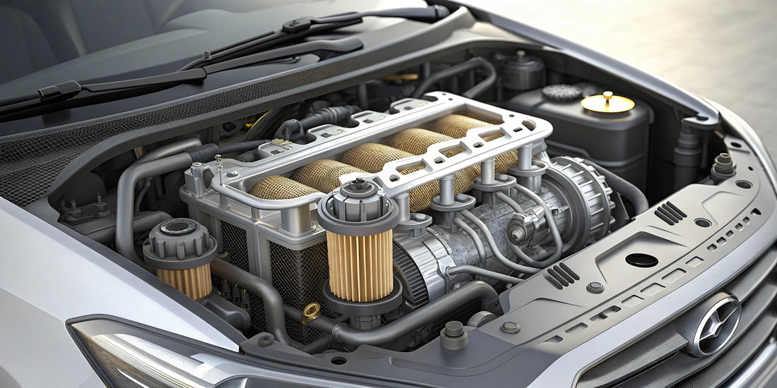 An aftermarket Subaru air oil separator installed in an engine bay.