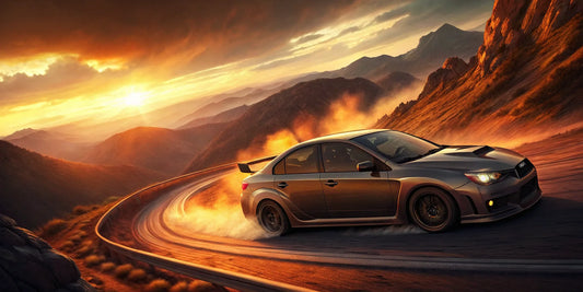A Subaru WRX with a performance exhaust creating an aggressive sound.