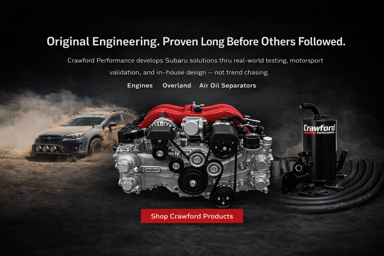 Engine and automotive parts with Crawford Performance branding on a dark background